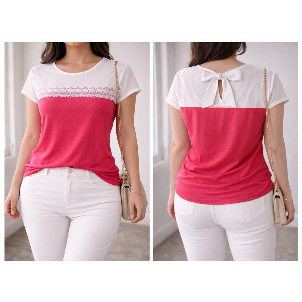 Faith and Joy Petite Small Pink White Lace Trim Bow Back Blouse Top PS